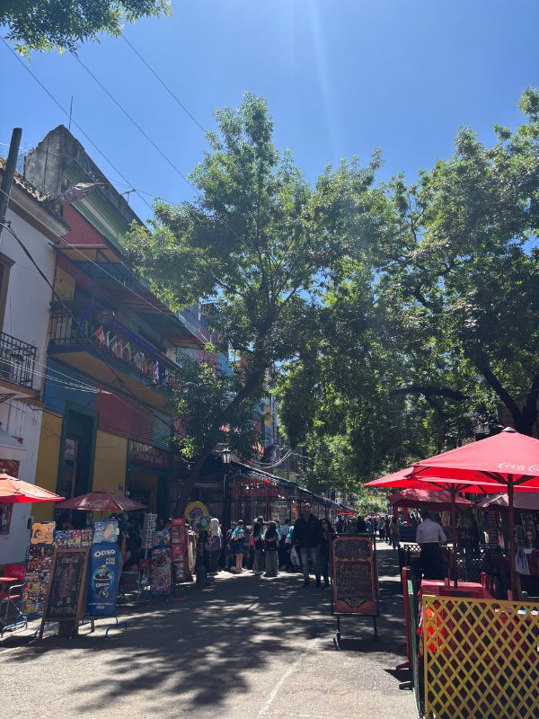 Tree-lined street with restaurants, shops, and outdoor seating in Buenos Aires.