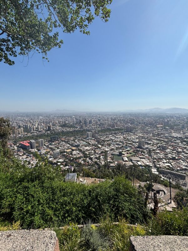 Panoramic view of Santiago, Chile, from Cerro San Cristóbal overlooking the city and the Andes.