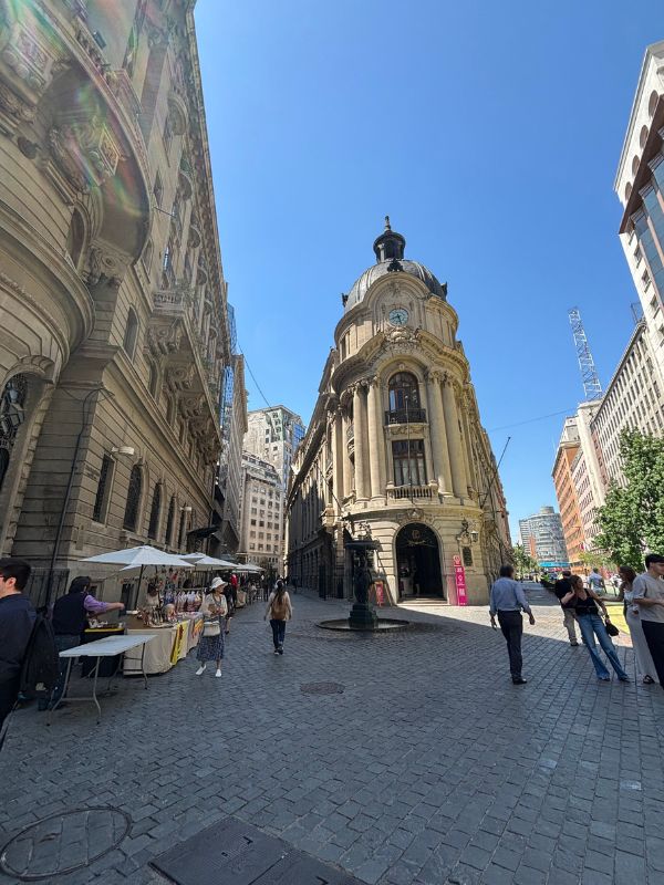 Historic architecture along a pedestrian street in downtown Santiago, Chile.