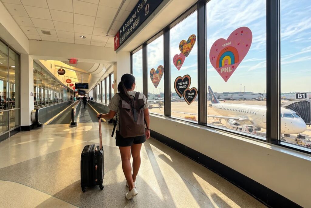 Walking through Philadelphia International Airport with my suitcase and RAINS travel backpack
