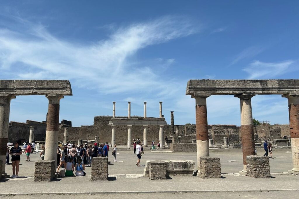 Ancient ruins and columns at the Pompeii archaeological site in Italy
