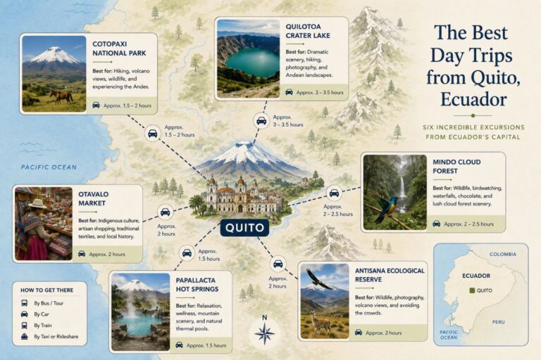 Illustrated map showing six recommended day trips from Quito, Ecuador, including Cotopaxi National Park, Quilotoa Crater Lake, Otavalo Market, Mindo Cloud Forest, Papallacta Hot Springs, and Antisana Ecological Reserve.