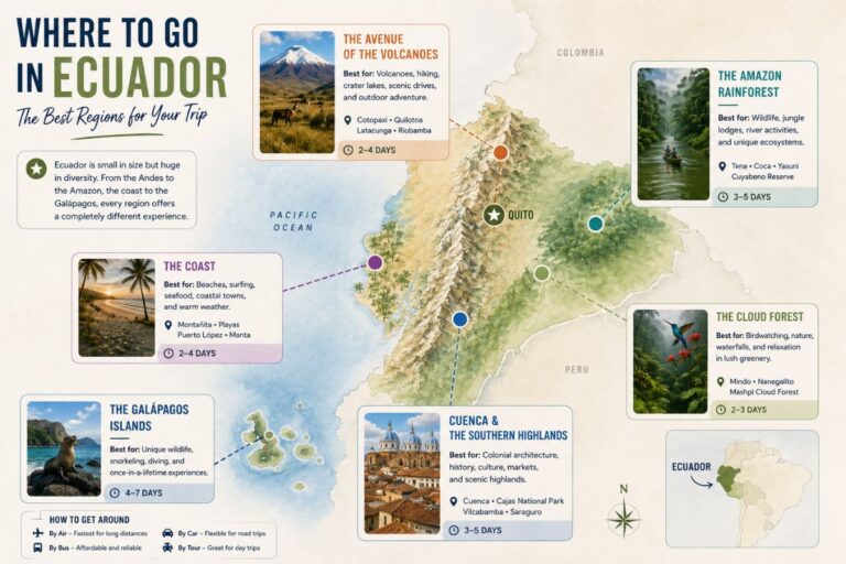 Illustrated map of Ecuador highlighting the country's five major travel regions: the Avenue of the Volcanoes, the Amazon Rainforest, the Cloud Forest, the Coast, the Galápagos Islands, and Cuenca & the Southern Highlands, with suggested trip lengths.